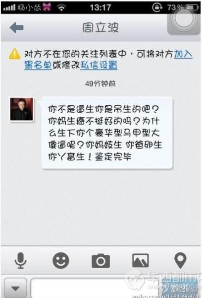 周立波辱罵徐崢引網(wǎng)友圍觀,網(wǎng)友楊小慫胖質(zhì)疑遭其私信辱罵截圖