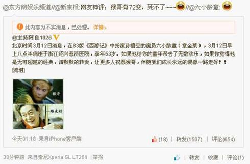 藝術家六小齡童被去世，微博轉(zhuǎn)發(fā)笑臉辟謠現(xiàn)身澄清公布造謠者QQ