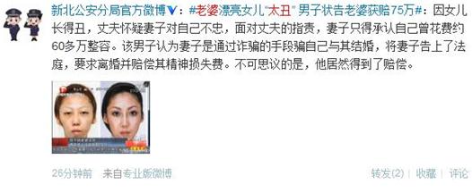 【老婆太丑】老婆漂亮女兒太丑，男子告整容老婆獲賠75萬，是整容醫(yī)院炒作嗎